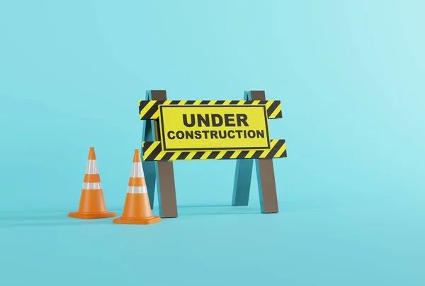 警告道路屏障和磁带与题词正在建设中 翻新的概念 准备的东西 道路及建筑工程警告 3D插图 — 图库照片