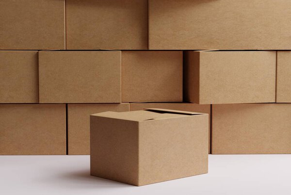Cardboard boxes stacked in a warehouse. The concept of transportation, shipments, storage of packages and cartons for shipping. Work of logistics and couriers. 3D render, 3D illustration.