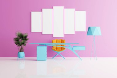 Pembe duvarında boş bir çerçeve olan modern bir ofis manzarası. Modern ofis mobilya konsepti, masa, çiçekler ve lamba. 3B görüntüleme; 3B resimleme.