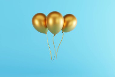 Gold balloons on a light background. Concept for the release of balloons, balloons inflated with air. 3d rendering, 3d illustration.	