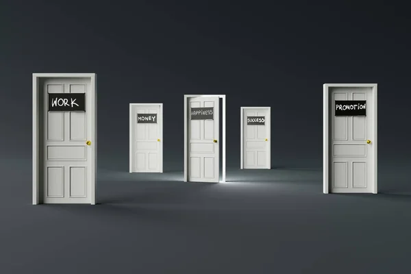 Many Doors Different Inscriptions Work Money Promotion Open Door Happiness — Stock Photo, Image