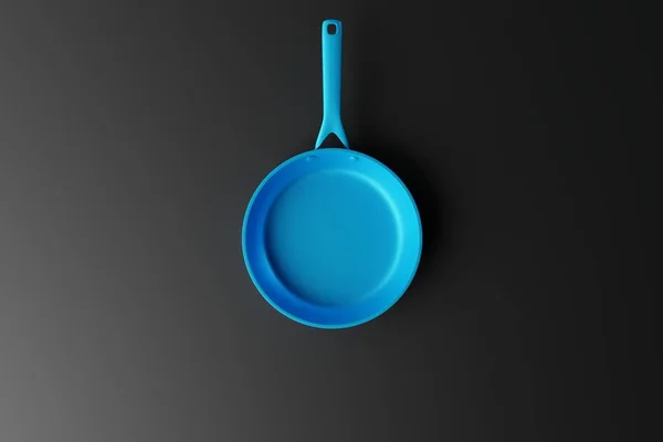蓝色平底锅 深色底色 烹调的概念 买厨房设备 碗碟3D渲染 — 图库照片