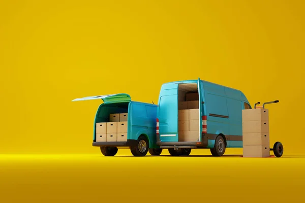 Twee Commerciële Bestelwagens Met Kartonnen Dozen Gele Achtergrond Levering Bestelling — Stockfoto