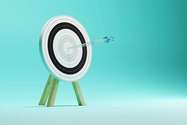 Target with embedded arrows. Archery target on a blue background. The concept of fulfilling the goal, striving to implement plans. 3D render, 3D illustration.