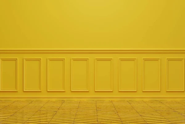 Yellow decorative wall, room interior. Product placement concept, beautiful empty wall with decorative pattern, panel. 3D render; 3D illustration.