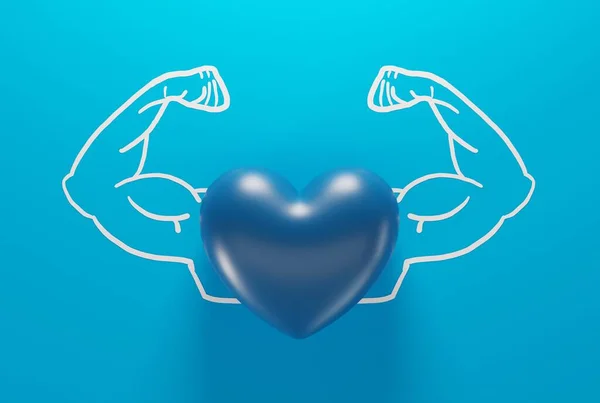 Heart on the background of drawn muscles. The concept of a strong and healthy heart, taking care of your physical condition. 3D render, 3D illustration.