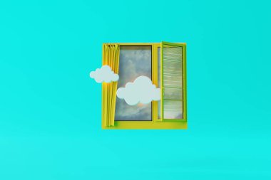 Mavi arka planda, bulutların ve gökyüzünün olduğu izole bir pencere. Dünyaya bakış açısı kavramı. 3d hazırlayıcı