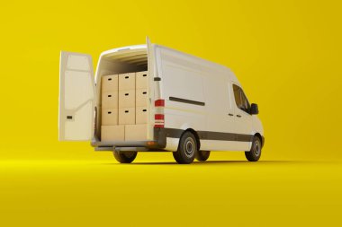 Sarı arka planda karton kutular olan beyaz minibüs. Teslimat siparişi şirketinin taşımacılık kargo kamyonuyla iş geçmişi. 3d görüntüleme, 3d illüstrasyon.