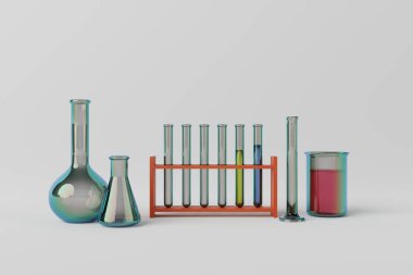 Işık arkaplanındaki laboratuvar camları. Kimya kavramı, kimyasal cam. Biyolojik ve kimyasal bilim ve eğitim. 3d hazırlayıcı.