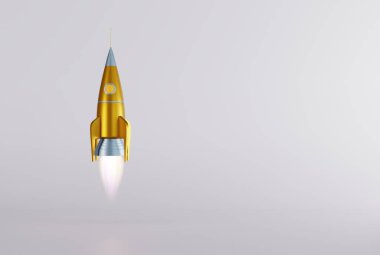 Roket arka plana doğru havalanıyor. Kalkış, iş konsepti. Hedefleri takip etmek, tırmanmak, terfi almak. 3B görüntüleme, 3B illüstrasyon.