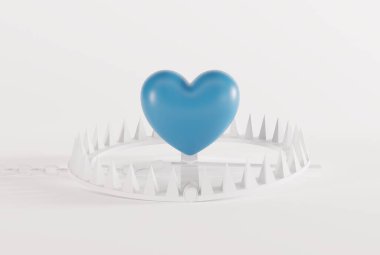 Kalp kapanın üstünde, kapan da arka planda. Aşık olma, aşka bağlanma, zorlanma kavramı. Tehlikeli bir aşk. 3B görüntüleme, 3B illüstrasyon.