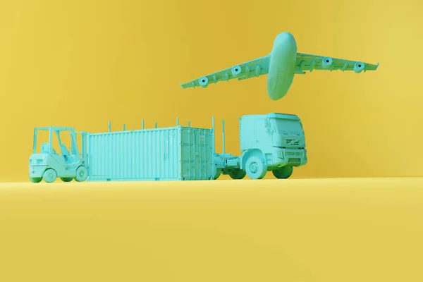 Een Vorkheftruck Een Vrachtwagen Die Hout Vervoert Een Vliegtuig Achtergrond — Stockfoto
