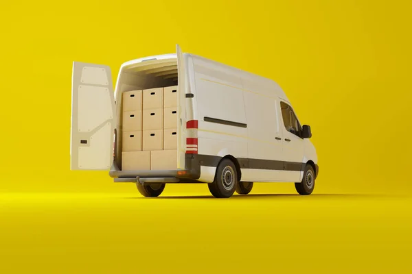 Commerciële Levering Witte Bestelwagen Met Kartonnen Dozen Gele Achtergrond Levering — Stockfoto