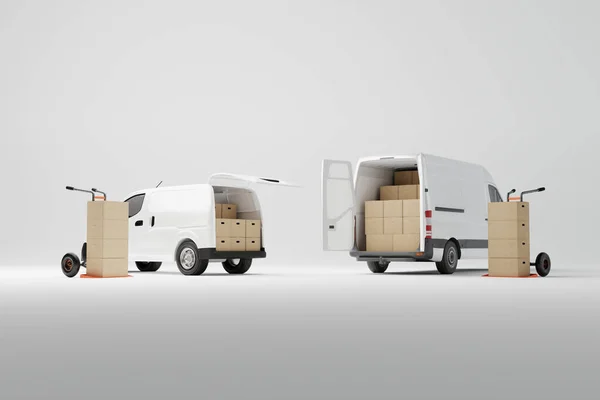 Twee Commerciële Witte Bestelwagens Met Kartonnen Dozen Witte Achtergrond Levering — Stockfoto