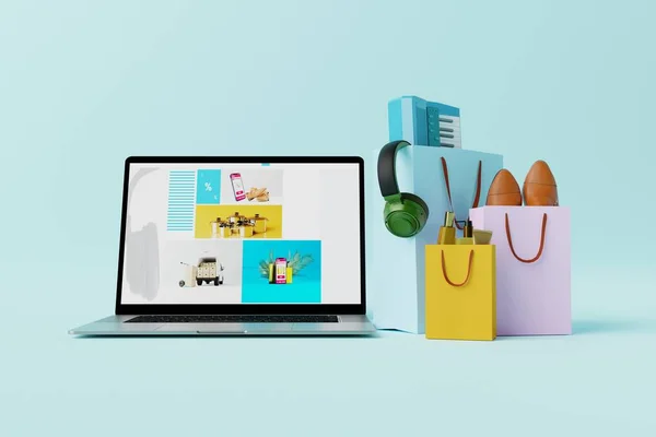 Laptop with the website of the online store and shopping bags. E-commerce, internet shopping. Business concept, internet development. 3d rendering, 3d illustration.