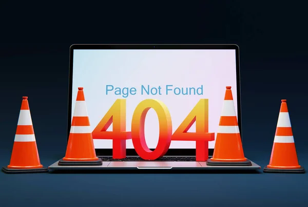 Laptop, traffic cones and number 404 as an error of a non-existent website. 404 error concept, page not found, website template. 3D render, 3D illustration.