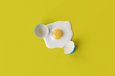 Sarı arka planda kırık bir yumurta. Yumurta pişirme, omlet yapma, kabuğu kırma kavramı. 3D görüntüleme, 3d 