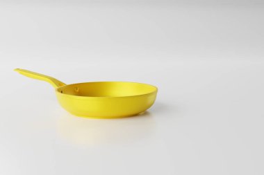Beyaz arka planda sarı tava. Kızartma, pişirme konsepti. Mutfak malzemeleri, bulaşıklar. 3d hazırlayıcı.