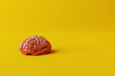 Sarı arka plandaki beyin. Tıbbi konsept, beyin hastalıkları, zihinsel sorunlar. Beyin işlemleri ve tedavisi. 3d görüntüleme, 3d illüstrasyon.