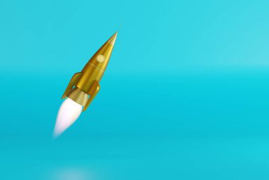 Roket mavi arka plana doğru havalanıyor. Kalkış, iş konsepti. Hedefleri takip etmek, tırmanmak, terfi almak. 3B görüntüleme, 3B illüstrasyon.