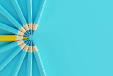 Yarı daire şeklinde dizilmiş mavi pastel boyalar ve bir sarı. İş konsepti, kalabalıkta göze çarpmak, sosyal meseleler. Pastel boyaları kapatın. 3B görüntüleme, 3B illüstrasyon.