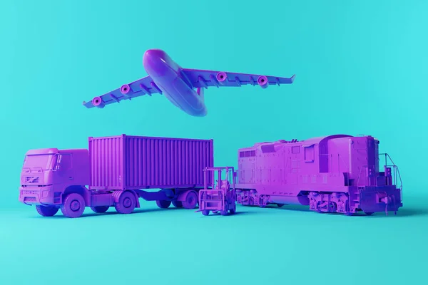 A forklift truck, a truck, plane and train on a solid background. Concept of transporting heavy materials. Global material transport. 3d render, 3d illustration.