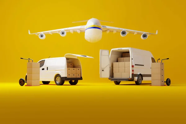 Twee Commerciële Levering Witte Bestelwagens Met Kartonnen Dozen Met Vliegtuig — Stockfoto