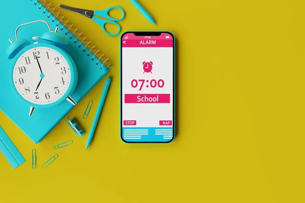 A telephone with an alarm clock on the background of school supplies and a yellow background. Concept of getting up to school in the morning, back to school. 3d rendering, 3d illustration.