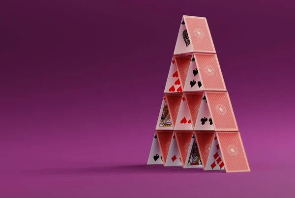 House of cards on a dark background. The concept of building castles and other constructions from cards, illusion and magic tricks. 3D render, 3D illustration.