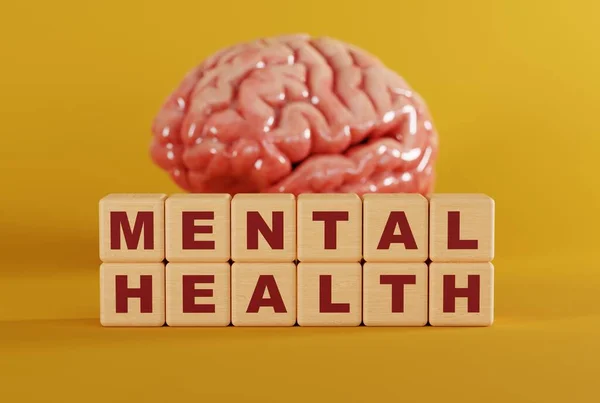 Wooden blocks with the inscription Mental Health on the background of the brain. The concept of mental problems, mental illness. Taking care of mental health. 3D render, 3D illustration.