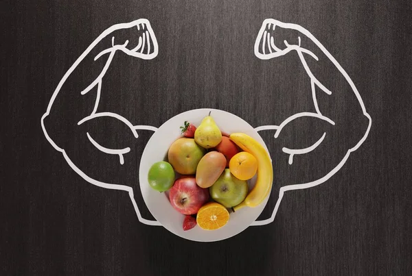 Muscles on the background of a plate with different fruits. The concept of healthy eating, fruits that give strength and essential food ingredients. 3D render, 3D illustration.