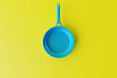Sarı arka planda mavi kızartma tavası. Kızartma, pişirme konsepti. Mutfak malzemeleri, bulaşıklar. 3d hazırlayıcı.