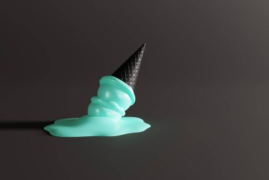 Yerde siyah bir waffle 'ın içinde erimiş dondurma ve koyu bir arka plan. Dondurma yeme, soğutma konsepti. Siyah waffle 'lı modern dondurma. 3B görüntüleme; 3B resimleme.