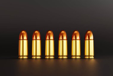 Tabanca ve tüfekler için sıralanmış çeşitli mermiler. Ateşli silah kullanma kavramı. 3B görüntüleme, 3B illüstrasyon.