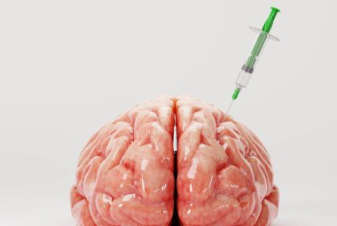 Beynine şırınga saplanmış. Beyne bir madde enjekte etme kavramı, bir şey enjekte etme. Beynin işlevini geliştirmek, zihinsel durumu iyileştirmek için ilaçlar. 3 Boyutlu Hazırlama.