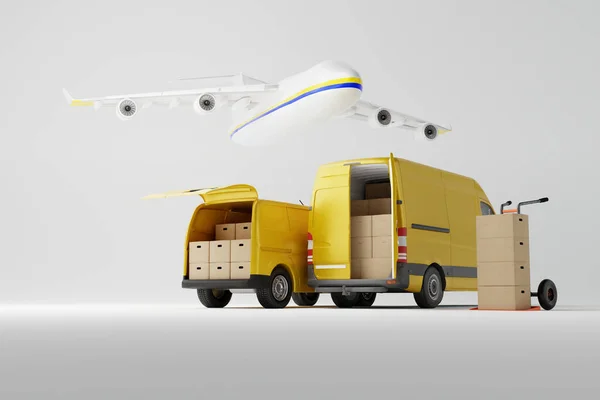 Two commercial delivery white vans with cardboard boxes with airplane over them on white background. Delivery order service company transportation box with vans truck. 3d rendering, 3d illustration.