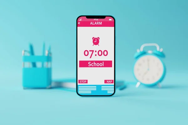 A telephone with an alarm clock on the background of school supplies and a blue background. Concept of getting up to school in the morning, back to school. 3d rendering, 3d illustration.