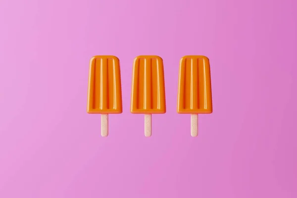 Orange ice lolly on an pink background. Concept of summer, vacation. Cooling down on warm days. 3d rendering, 3d illustration.