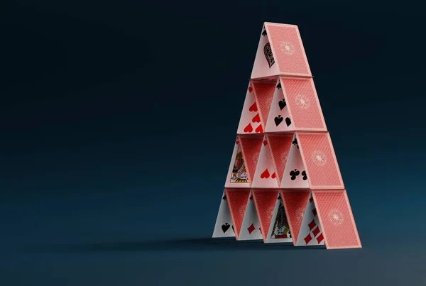 House of cards on a dark background. The concept of building castles and other constructions from cards, illusion and magic tricks. 3D render, 3D illustration.