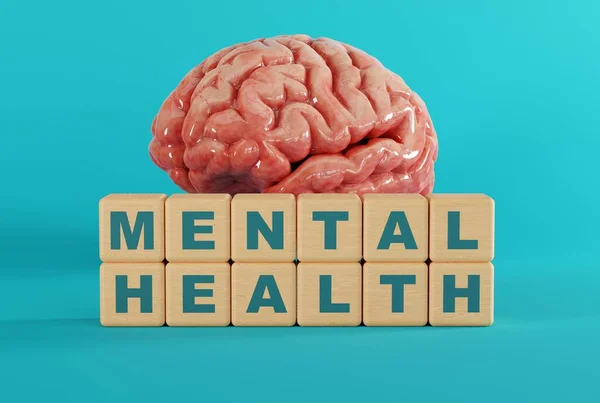 Wooden blocks with the inscription Mental Health on the background of the brain. The concept of mental problems, mental illness. Taking care of mental health. 3D render, 3D illustration.