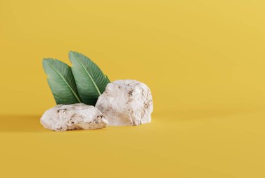 Sarı arka planda granit taşlar, yaprak gölgesi ve yeşil bitkiler. Soyut arkaplan kavramı, ürün ve ürün imajı için arka plan. 3B görüntüleme, 3B illüstrasyon.