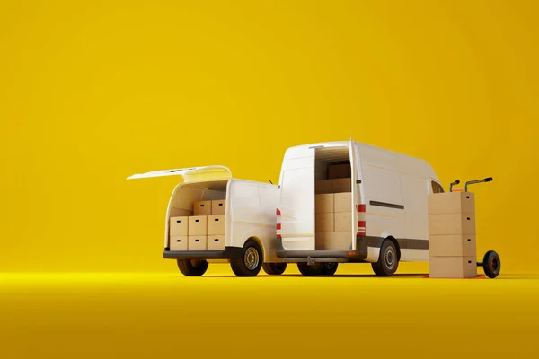 Twee Commerciële Witte Bestelwagens Met Kartonnen Dozen Gele Achtergrond Levering — Stockfoto
