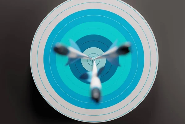 Close-up view of the Target with embedded arrows. Archery target on a dark background. The concept of fulfilling the goal, striving to implement plans. 3D render, 3D illustration.