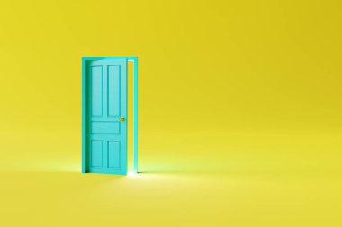 Sarı arka plandaki kapalı sarı kapı. Karar verme, yeni yerlere girme, sınırları geçme kavramı. 3d görüntüleme, 3d illüstrasyon