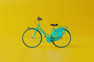 Blue bicycle on a yellow background. Concept of cycling, environmental protection and keeping fit. 3D rendering, 3D illustration.