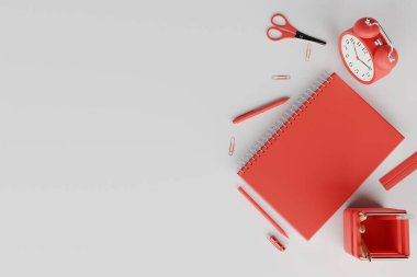View of school supplies, notebook, pens, alarm clock. Concept for back to school, learning. Students learning. Red school items on a light background. 3d rendering, 3d illustration.