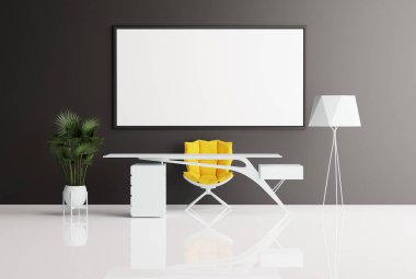 Karanlık bir duvarda boş bir resim çerçevesi olan modern bir ofis manzarası. Modern ofis mobilya konsepti, masa, çiçekler ve lamba. 3B görüntüleme; 3B resimleme.
