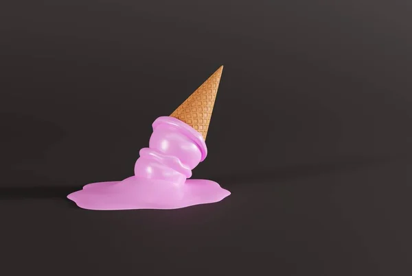 Melted ice in a waffle on the ground and dark background. The concept of eating ice cream, cooling down. 3D render; 3D illustration.