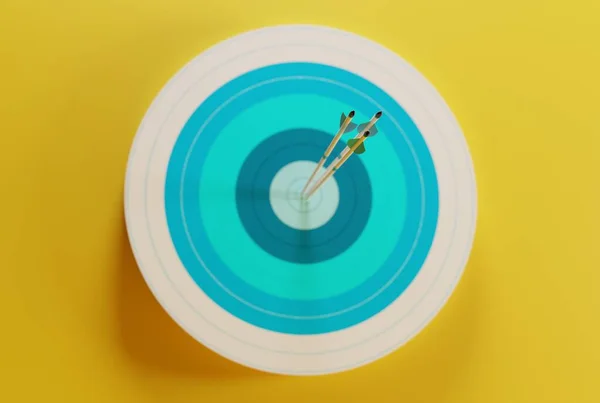 Target with embedded arrows. Archery target on a yellow background. The concept of fulfilling the goal, striving to implement plans. 3D render, 3D illustration.