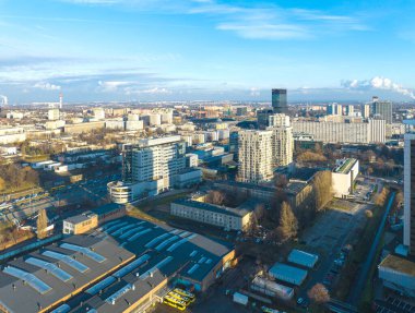 Katowice, January 07, 2023, Poland, drone view of skyscrapers and the city of Katowice. Katowice and construction development concept. Modern development of the city of Katowice.